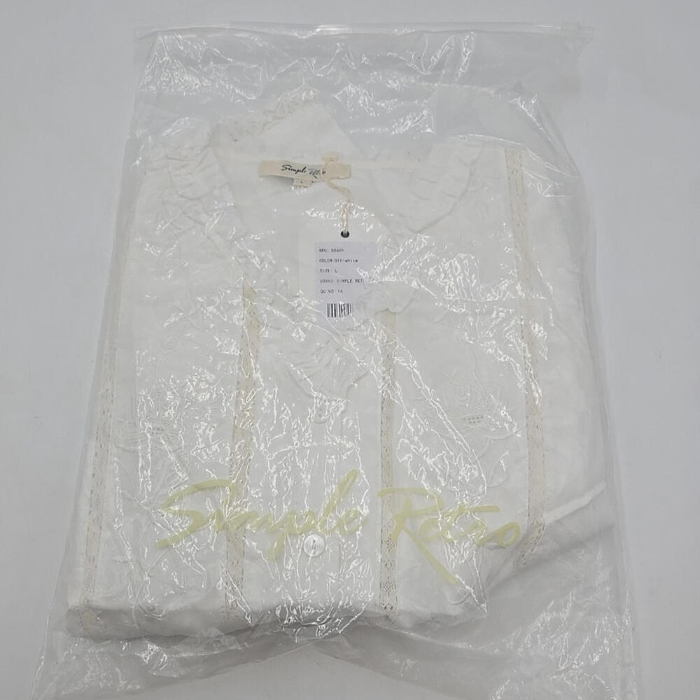 Simple Retro Faith‎ Lace Patchwork Embroidered Off White L Cottagecore Blouse - Picture 9 of 10